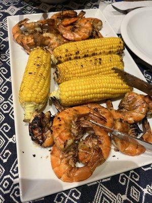 Grilled shrimp with corn from the market.