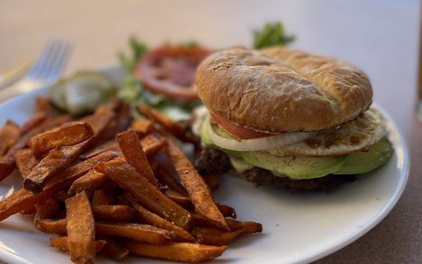 Avocado, Swiss Cheeseburger with Sweet potato Fries!