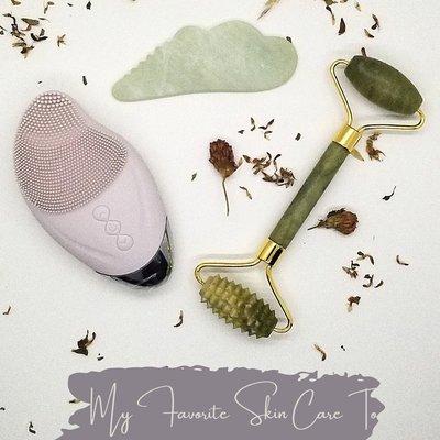 Gua sha stones, Jade rollers, and skin scrubbers are my favorite home care tools