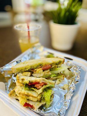 Grilled Chicken Pesto Sandwich and Ginger Soda.