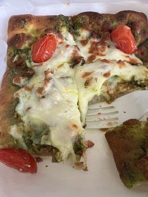 Flat bread filled with pesto goodness. It was worth the wait!! Thanks