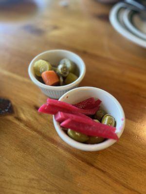 Complimentary olives and pickles