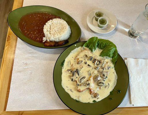 Chicken in a mushroom sauce. Pechuga de Pollo en Crema Championes con Arroz, Frijoles y Maduro