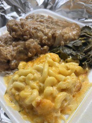 Smothered pork chops, mac n cheese, collards.