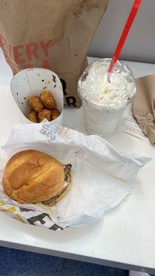 Mushroom with the garlic tots and cookies and cream milkshake.