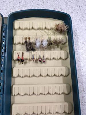 Flies for local waters. "Fishpond" fly carrier.