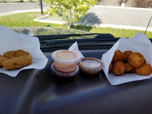 Chicken nuggets and spicy tots.