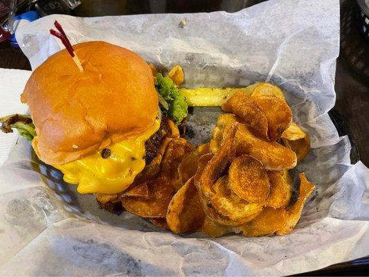 JJ's cheeseburger and homemade chips. Delicious!