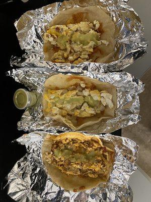 From bottom to top: Egg and Chorizo Taco, Egg and Potato Taco, Egg and Bacon Taco