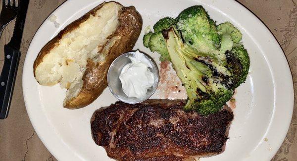 New York strip, broccoli, baked potato