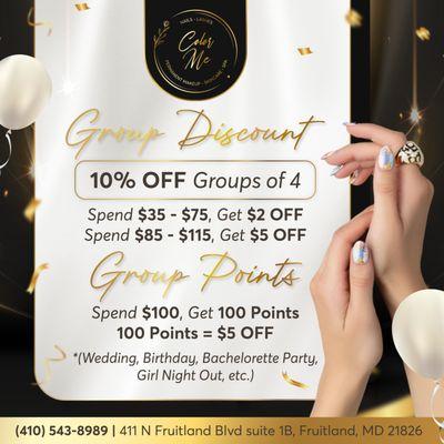 Exciting Group Savings at Color Me Nails, Lashes, and Spa! 
Planning a special event? Enjoy our group discounts:
- Get 10% OFF for gr