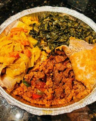 Yebere Tibs -- Spicy Beef Tibs Combo w/ Collard Greens (Gomen Wot) & Cabbage (Atkilt Alicha).....Thumbs Up!!!