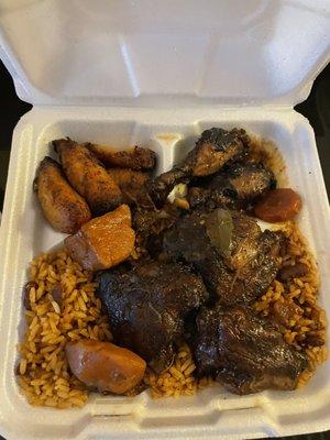 Brown Stew Chicken,Rice & Beans, Plantains