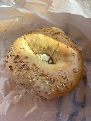 everything bagel toasted with olive pimento cream cheese