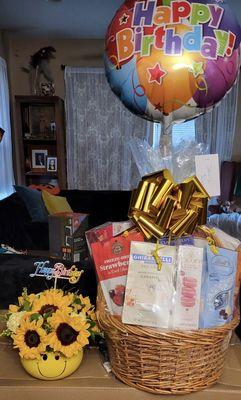 Bountiful Birthday Basket, with Sunflowers, & balloon!