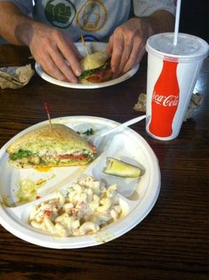 I got the Pesto Chicken Pannini with macaroni salad and it was excellent. The Chicken Bacon Ranch Pannini was also great!