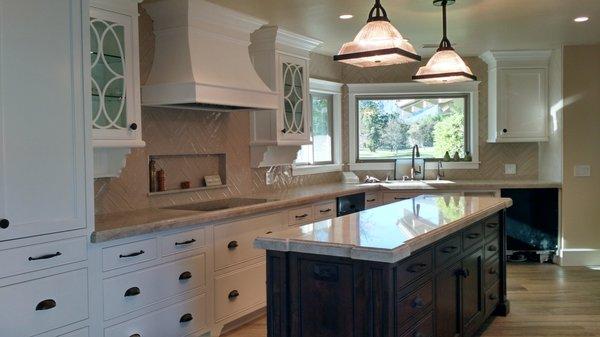 White Kitchen w/ Dark Rustic Alder Distressed Island