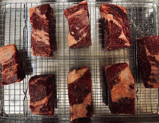 Boneless Short Ribs cut up and on a rack for a dry brine.