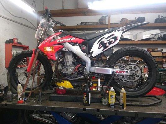 Our Honda 450 flat track bike