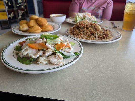 Moo goo gai pan, pork fried rice, steamed chicken and shrimp w/garlic sauce, and fried biscuits. Bon appetit