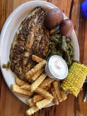 Grilled Catfish Entree, comes with a choice of 3 sides.