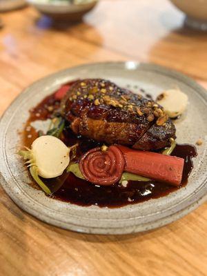 Grimaud Farms Duck Breast - rhubarb variations, turnip, pistachio, port rhubarb demi-glace