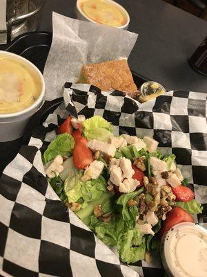 Pam 's Strawberry Chicken Salad with chicken dumpling soup and corn bread