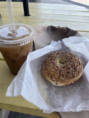 Everything bagel w/ garden veg cc and small iced coffee w/ almond milk