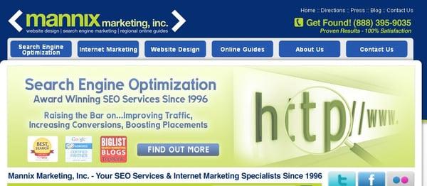 Mannix Marketing, Inc. ranked as one of the Top SEO Firms and serving businesses since 1996.  We get you found on the Web!