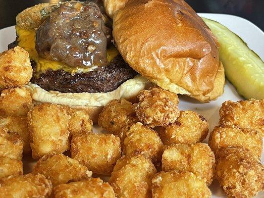 Southern Jam burger with tater tots