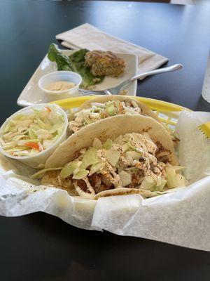 Fish tacos and crab cake