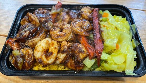 Jerk Shrimp, Steamed Veggies and Pumpkin Rice