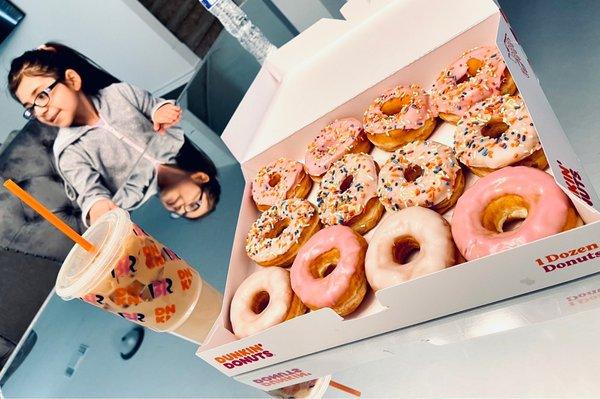 Vanilla Frosted Donuts with and w/o Sprinkles & Strawberry Frosted Donuts with and w/o Sprinkles! Plus a Large Iced French Vanilla Latte!