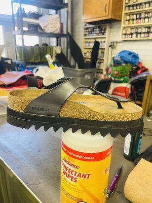 Birkenstock full restoration. New footbed, new traditional sole. Ripple sole added to customize, add height, and extend wear