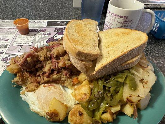 Hash Scramble with Peppers and Onions, Eggs Over Easy, Homefries and Toast