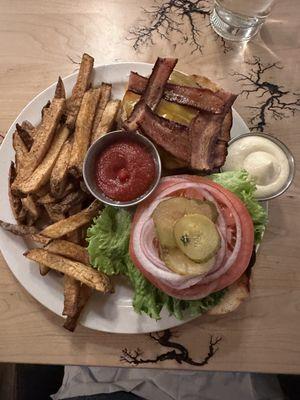 Bacon Cheese burger with hand cut fries and house made ketchup.