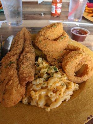 Catfish with onion rings and Mac and cheese