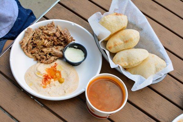 Chicken Shawarma Platter with Spicy Hommus, Chicken Vegetable Soup, and Pita Bread