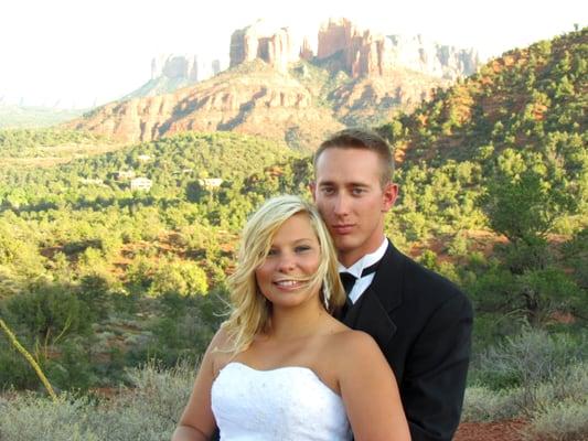 bride and groom in golden lighting