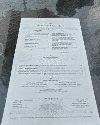 Sun Valley Club restaurant menu