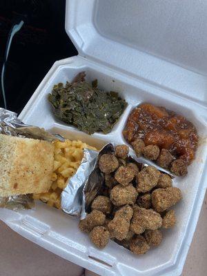 Greens, yams, fried okra, Mac and cheese, cornbread