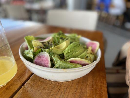 Butter lettuce salad. Love the puffed black rice!