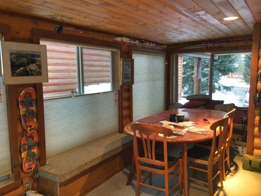 Cordless top-down, bottom-up cellular shades in this Breckenridge, Colorado cabin provide excellent insulation and privacy.