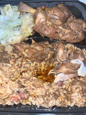 Brown-stew chicken, Rice and Peas and Steamed Cabbage