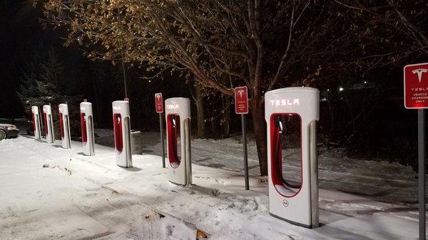 Tesla charging station in the parking lot.