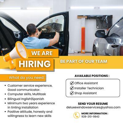 Want to join a growing team? 
 We're hiring bilingual office assistants & window tinting installers!  Apply in person: 3373 Gila Ridge Rd #3