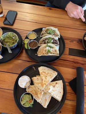 Chicken quesadilla and street tacos