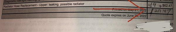 The estimate for replacing the radiator hose.