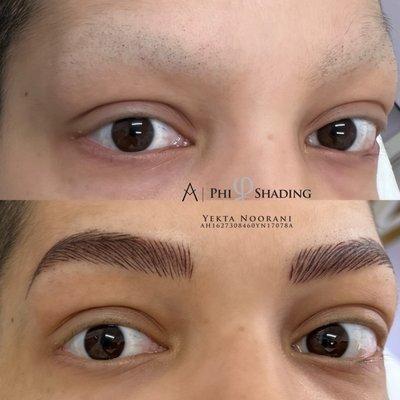 Microblading, The brows are expertly shaped with natural-looking strokes.