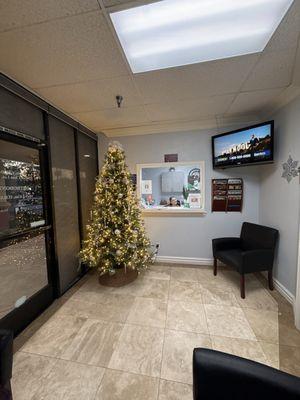 The front desk with a Christmas tree